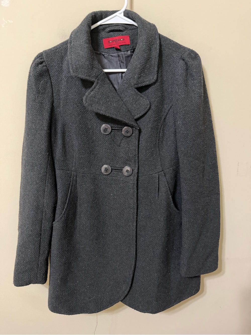 CoffeeShop Women's juniors peplum cut Dark Gray Double-Breasted Peacoat medium